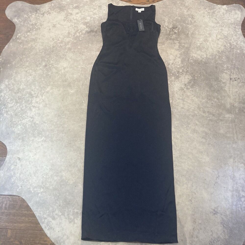 Rachel‎ Zoe Dress Womens 8 Black Long Maxi Side Slit Sleeveless Deep Lace V Neck